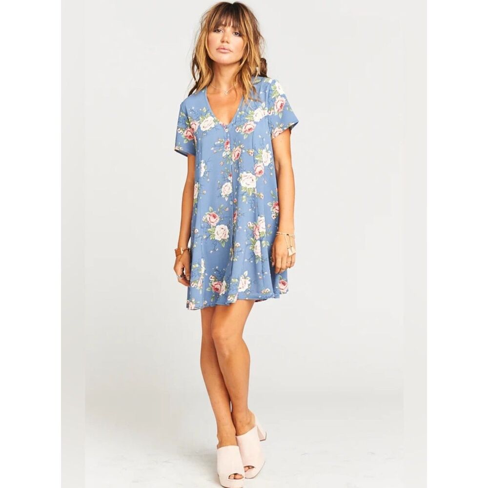 Show Me Your Mumu Bennett Babydoll Dress Blue Floral Rose Print Size M